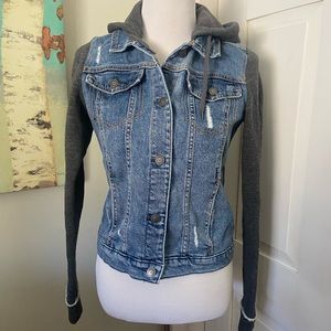 Hollister denim jacket with gray sweatshirt sleeves & hoodie